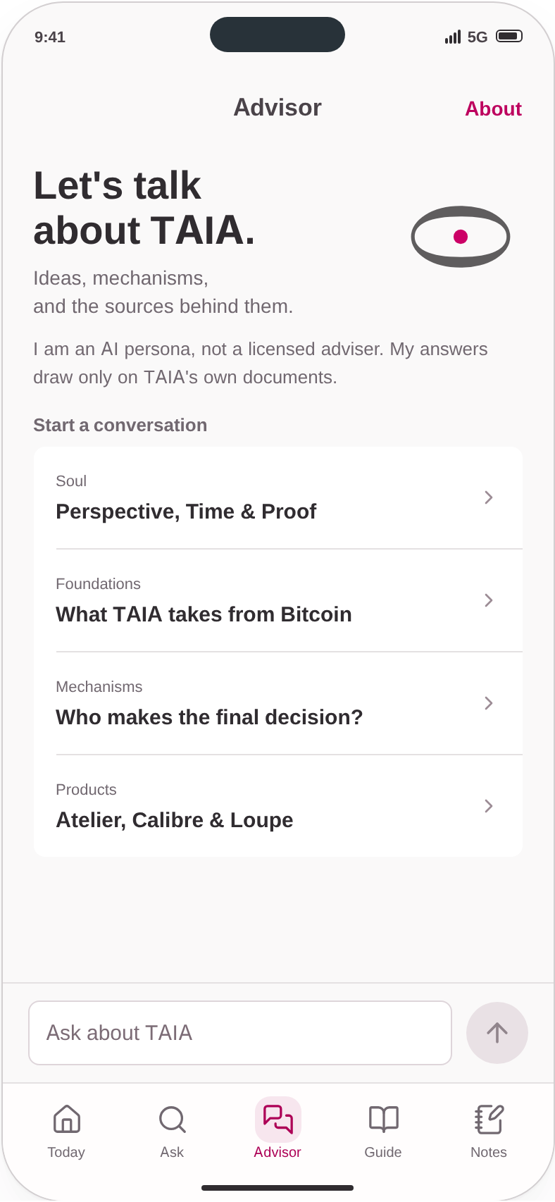 A Folio screen showing the Advisor with TAIA topics, a composer and the five-tab navigation